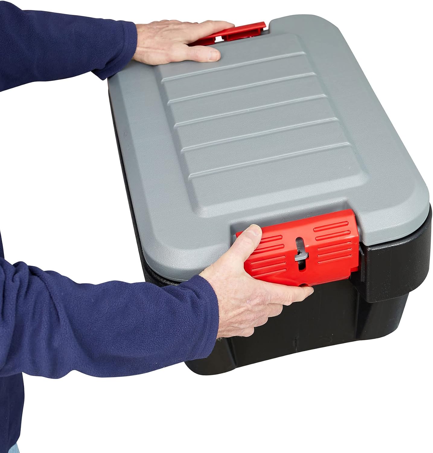 Rubbermaid ActionPacker 35 Gallon, Made in USA, Lockable Plastic Storage Bin with Lid and Wheels- Outdoor, Industrial, Rugged, Camping Gear and Truck Bed Storage - Gray and Black