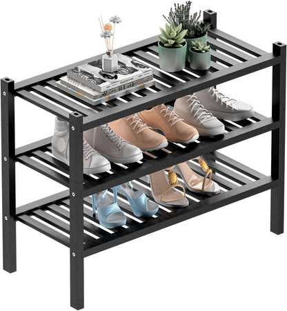 ROMGUAR CRAFT 3 Tier Bamboo Shoe Rack for Closet Free Standing Wood Shoe Shelf Storage Organizer for Entryway Small Space Stackable 27"x11"x20" (Natural)