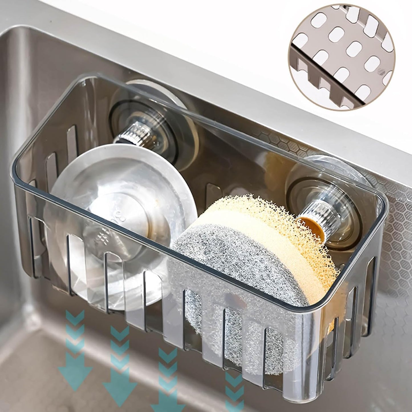 Multifunctional suction cup sink organizer for sponge dinnerware cloth with quick drying design and space saving sink organizer