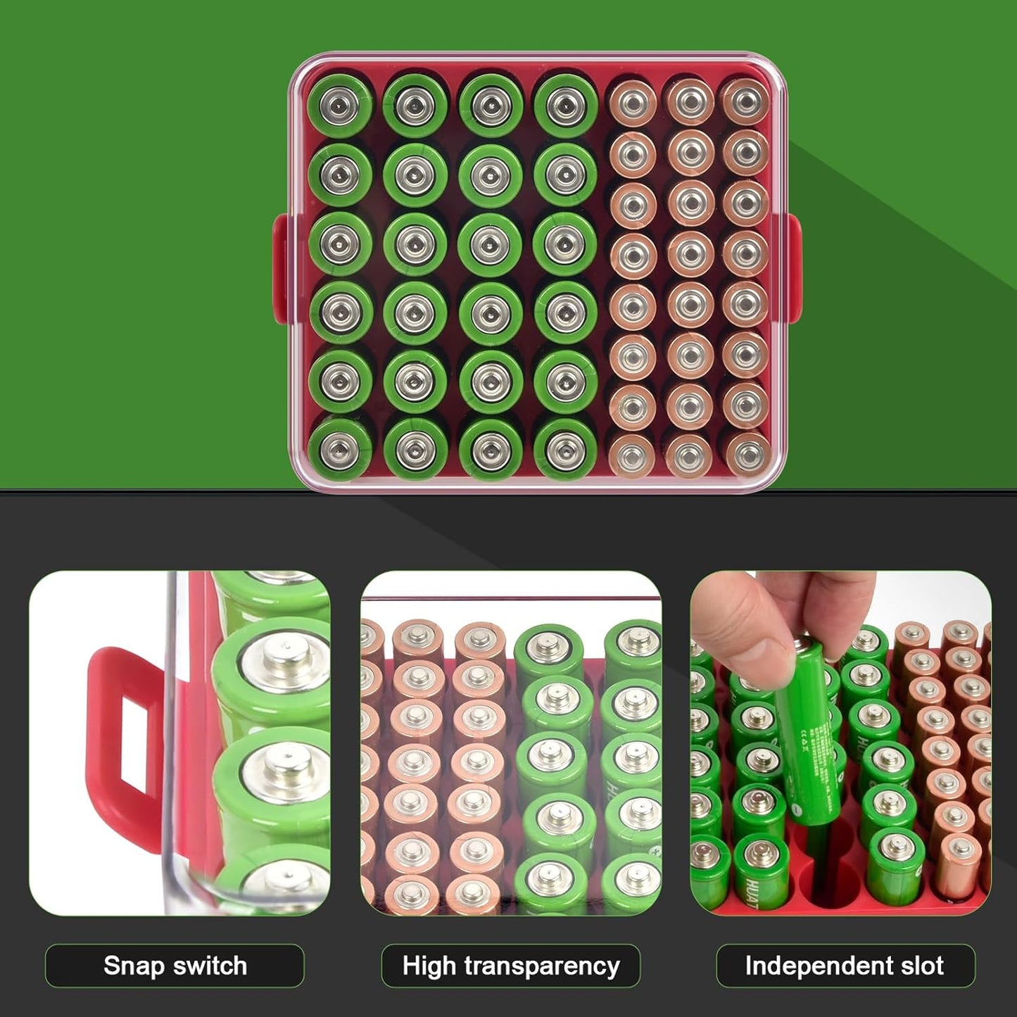 ALCYON Battery Organizer Storage Case, Battery Vault Box Container for 48pcs AA Batteries, Plastic Clear Protective Battery Holder for Travelling/Home/Office (Black, Large)