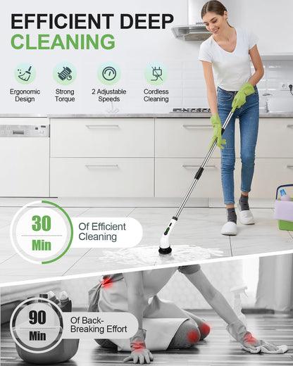 6-in-1 Cordless Electric Spin Scrubber with Long Handle | Power scrubber, bathroom scrubber, 47.2 in long handle, 2 speed scrub brush, IPX7 rated body, kitchen, tile, tub, floor