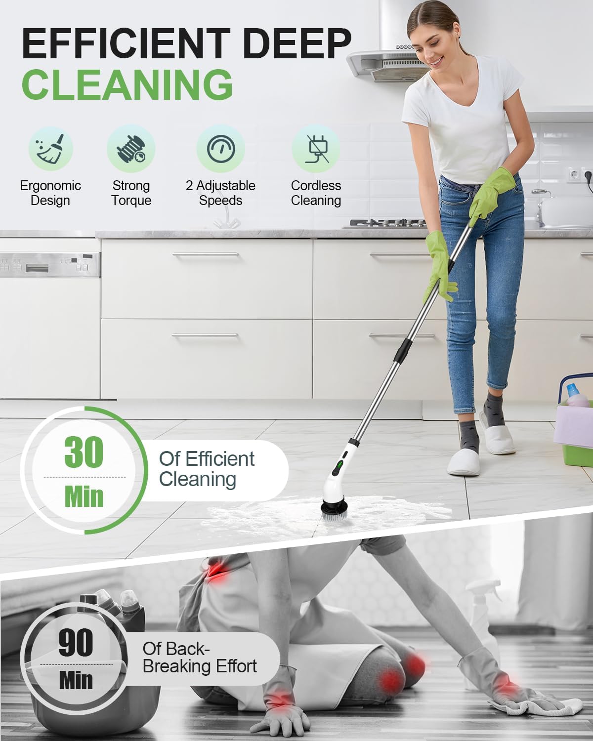 Cordless Electric Spin Scrubber with 7 Brush Heads, White-te1 | Adjustable long handle for shower, tile, grout, sink, tub, floor, and car wheel cleaning