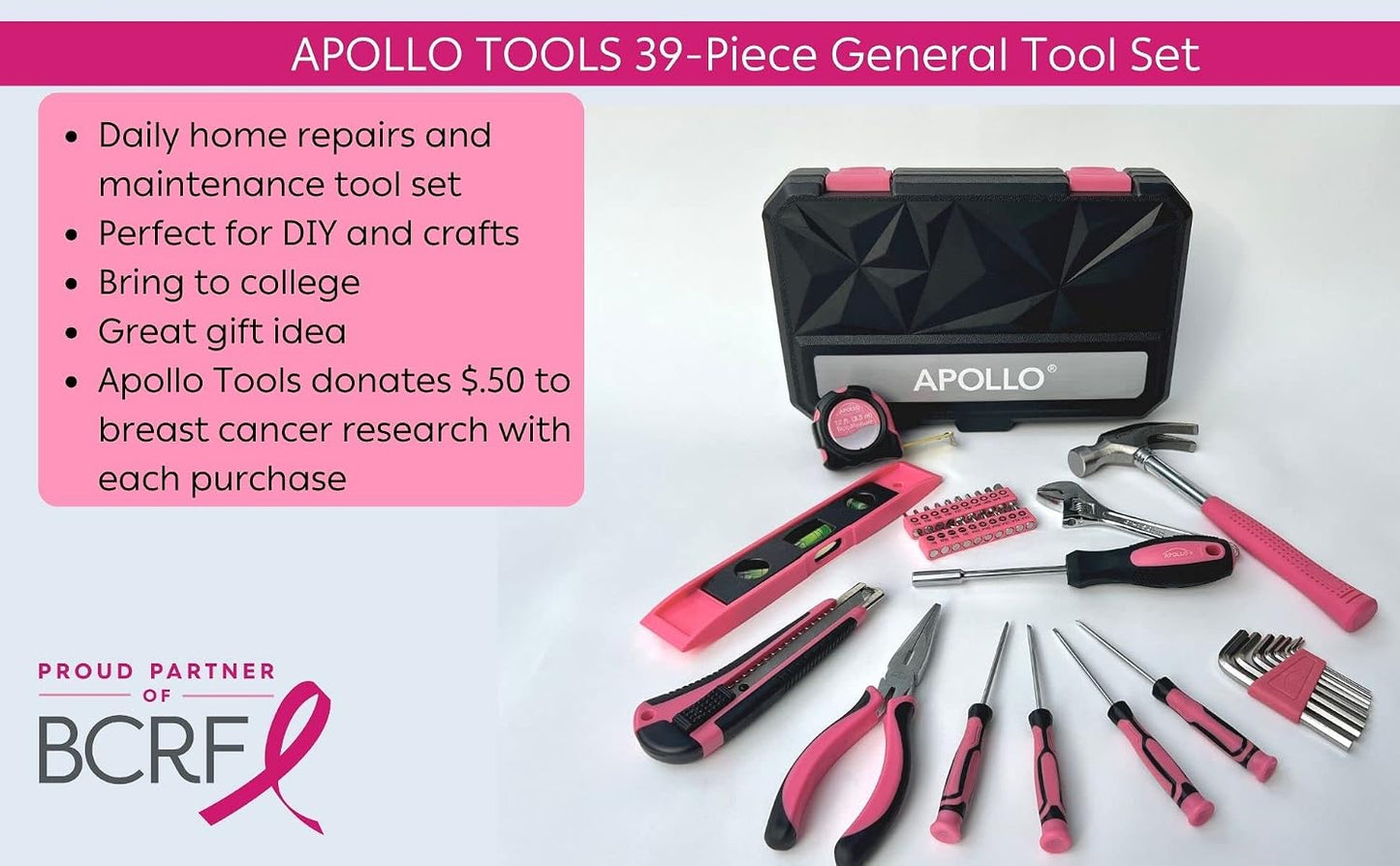 Apollo Tools Original 39 Piece General Household Tool Set in Toolbox Storage Case with Essential Hand Tools for Everyday Home Repairs, DIY and Crafts Red/Black - DT9706