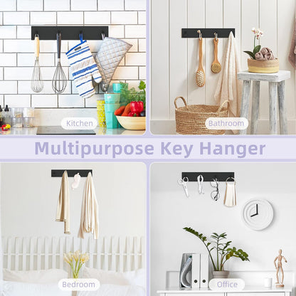 VIS'V Key Holder Wall Mount, Large Adhesive Key Hanger with 4 Hooks, Black | Metal Material, No Drilling, Extra Adhesive Strip, Suitable for Entryway, Hallway, Doorway, Kitchen, Garage, Camper