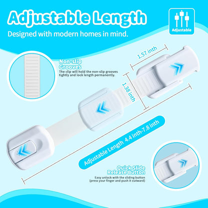 Child Safety Cabinet Locks(10 Pack)-Adjustable Baby Proofing Latches with Strong 3M Adhesive，No Drilling Child Proof Straps Locks for Drawers,Ovens,Doors,Toilet Seats，Fridge,- Easy Installation,