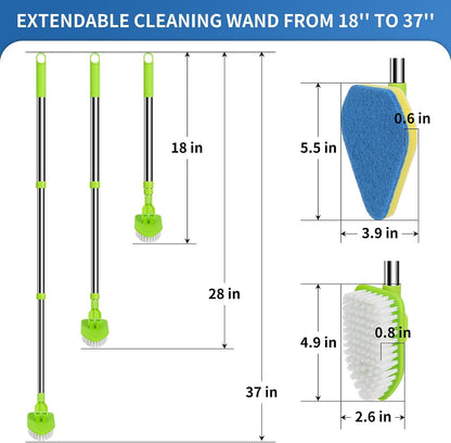 2 in 1 Scrub Cleaning Brush with 37” Long Extendable Handle,1 Stiff Bristle and 3 Sponge Brushes, Lightweigh Detachable Shower Scrubber for Cleaning Bathroom Shower Bathtub Glass Tile Floor