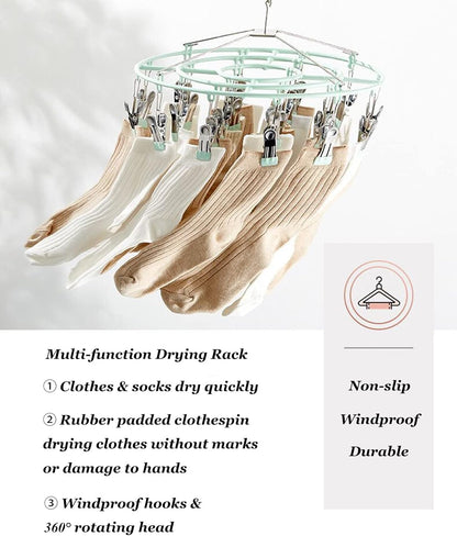 Stainless Steel Clothes Sock Drying Rack with 24 Clips, Swivel Hook Windproof Clothes Hanger Rack for Sock, Bras, Towel, Underwear, Laundry Clothes, Hat, Scarf, Pants, Gloves (Pink Clips)