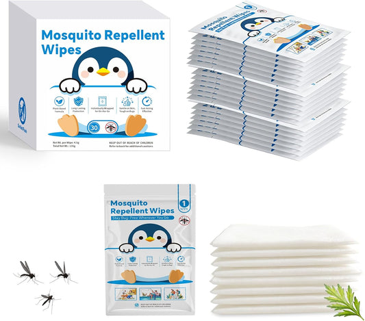30 PCS Individually Wrapped Mosquito Repellent Wipes, Natural Insect Repellent Wipes Provide 6-8 Hrs Protection, DEET-Free Mosquito Wipes with Travel-Size for Camping, Picnic, BBQ, Travel, Outdoor Use