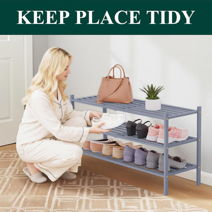 Smiry Bamboo Shoe Rack, 3 Tier Free Standing Wooden Shoe Organizer, Stackable Wood Shoe Storage Shelf for Closet, Entryway, 5 Horizontal Slats, 26.8"x11"x18.3", Natural