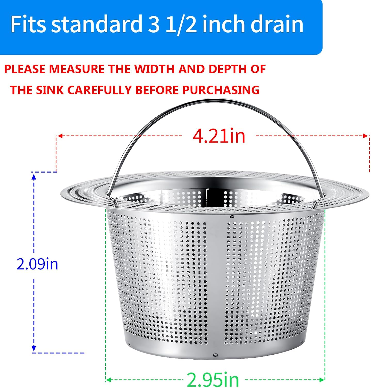 2 Pc Kitchen Sink Drain Strainer, 304 Stainless Steel with Portable Handle for Standard 3-1/2 Inch Drain, Large 4.21 Inch Basket