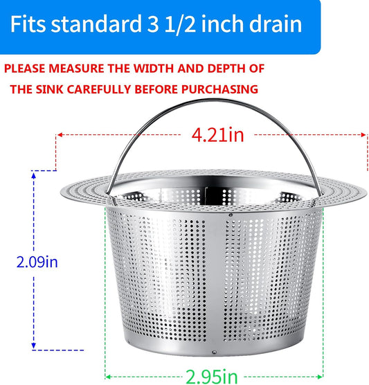 2 Pc Kitchen Sink Drain Strainer, 304 Stainless Steel with Portable Handle for Standard 3-1/2 Inch Drain, Large 4.21 Inch Basket