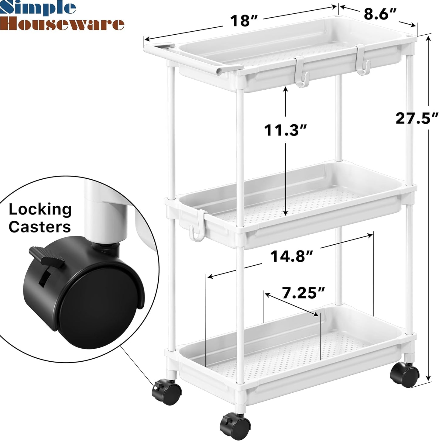 SimpleHouseware Standard 3-Tier Slim Rolling Storage Cart, Black