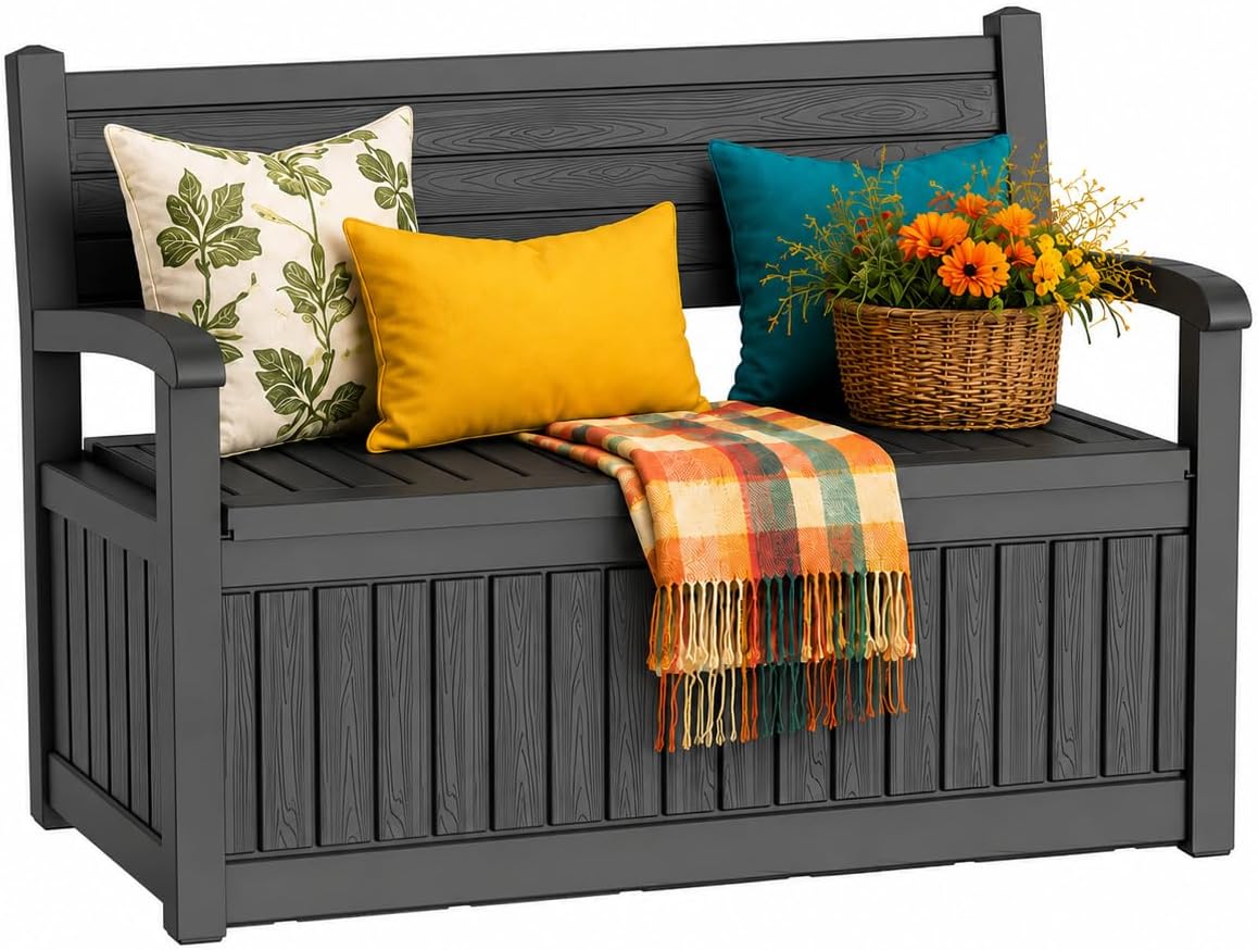 Outdoor Bench, Waterproof Garden Bench with Storage, 100 Gallon Lockable Resin Deck Box, Weatherproof Bench Seating for Patio Yard Cushions Tools, Black