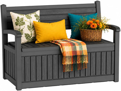 Outdoor Bench, Waterproof Garden Bench with Storage, 100 Gallon Lockable Resin Deck Box, Weatherproof Bench Seating for Patio Yard Cushions Tools, Black