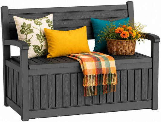Outdoor Bench, Waterproof Garden Bench with Storage, 100 Gallon Lockable Resin Deck Box, Weatherproof Bench Seating for Patio Yard Cushions Tools, Black