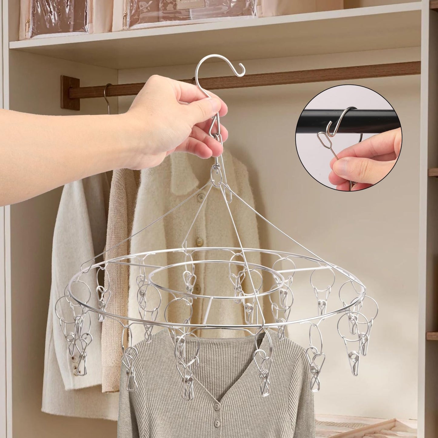 16 Pack 14 inch Stainless Steel Drying Rack with 10 Clips, Sock Drying Rack with Windproof Clips, Stainless Steel Clothes Hanger for Bras, Clothes, Sock & Underwear Towels