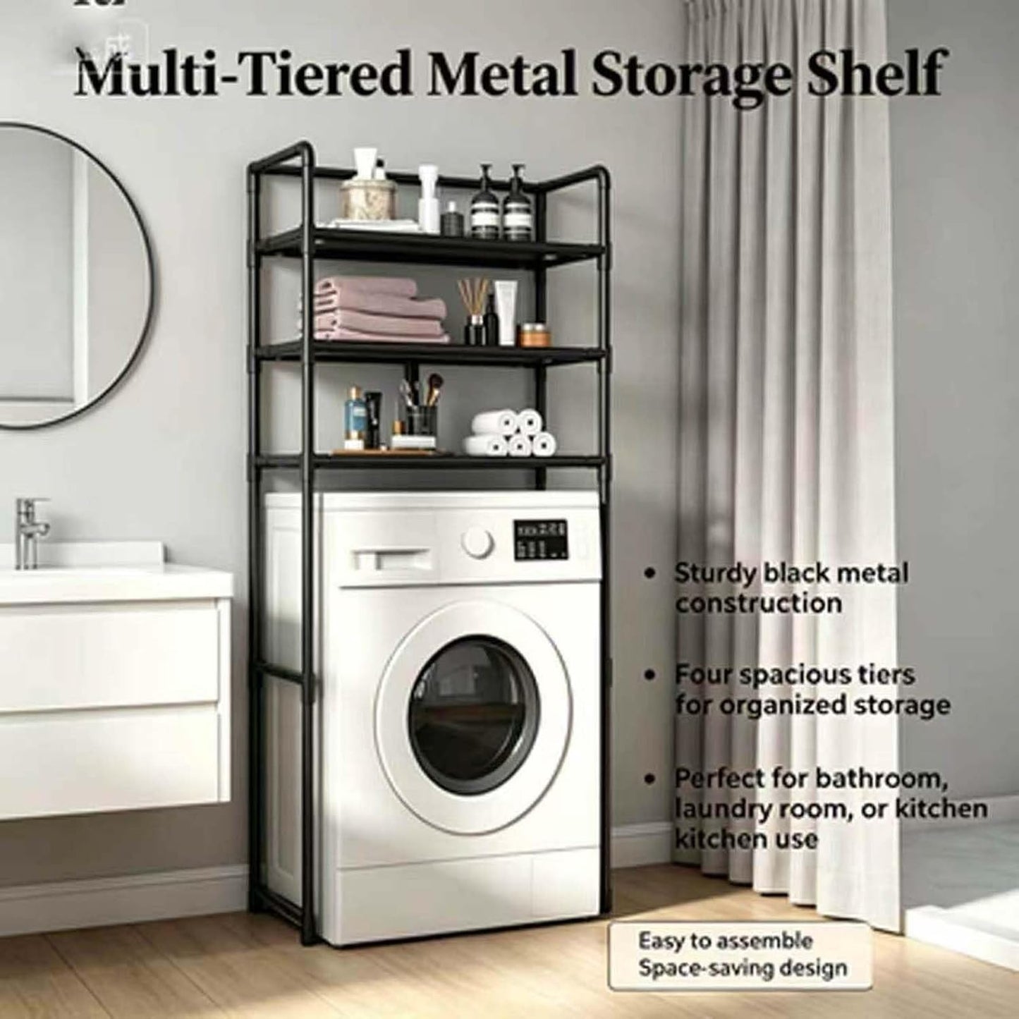 Laundry Room Organizer 3-Tier Freestanding Over Washing Machine Shelf | Black