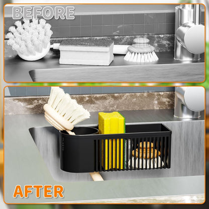Rustproof Kitchen Sink Organizer for Countertop,Multifunctional Sink Organizer Caddy & Organization,Scrub Brush and Sponge Holder,Plastic Sink Storage Rack,Sponge Drain Rack,Dish Soap Dispenser,Black