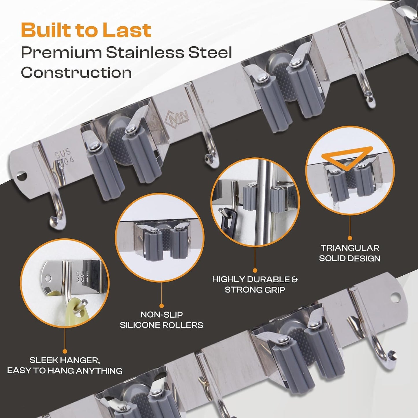 Heavy-Duty Stainless-Steel Broom Holder Wall Mount with 3 Racks and 4 Hooks | Waterproof Mop and Broom Hanger | Adjustable, Garage & Garden Tool Organizer | Black
