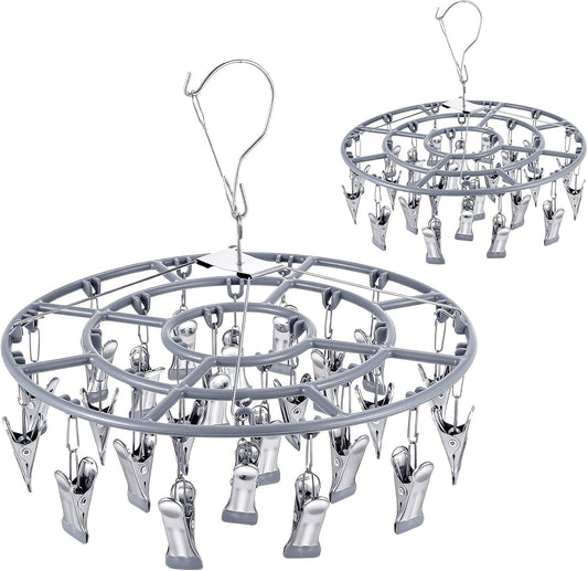2 Pack Clothes Drying Rack with 24 Clips, Stainless Steel Clothes Drying Hanger, Swivel Windproof Round Dry Rack, Heavy Duty Underwear Hanger for Indoor Outdoor Wet and Dry (Grey)