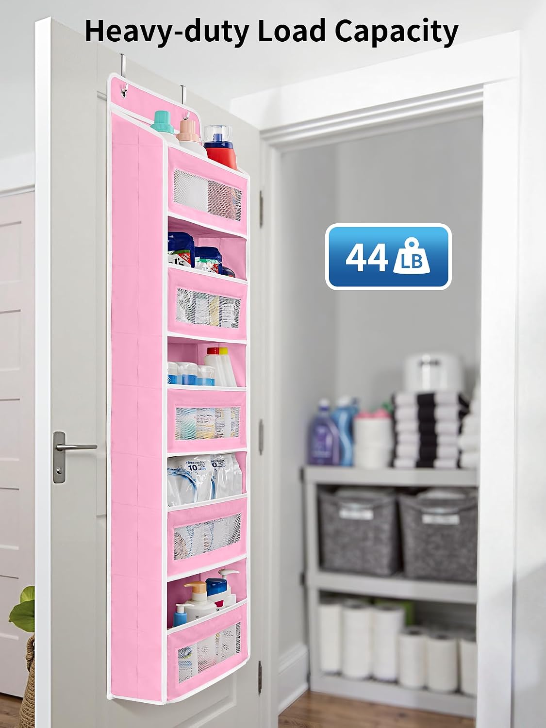 JARLINK 2 Pack Over the Door Organizer Storage, 5 Shelf Hanging Door Organizer with 5 Large Capacity Pockets, Anti Tilt 44 lb Load Behind Door Storage for Bedroom, Bathroom, Pantry, Nursery, (Grey)