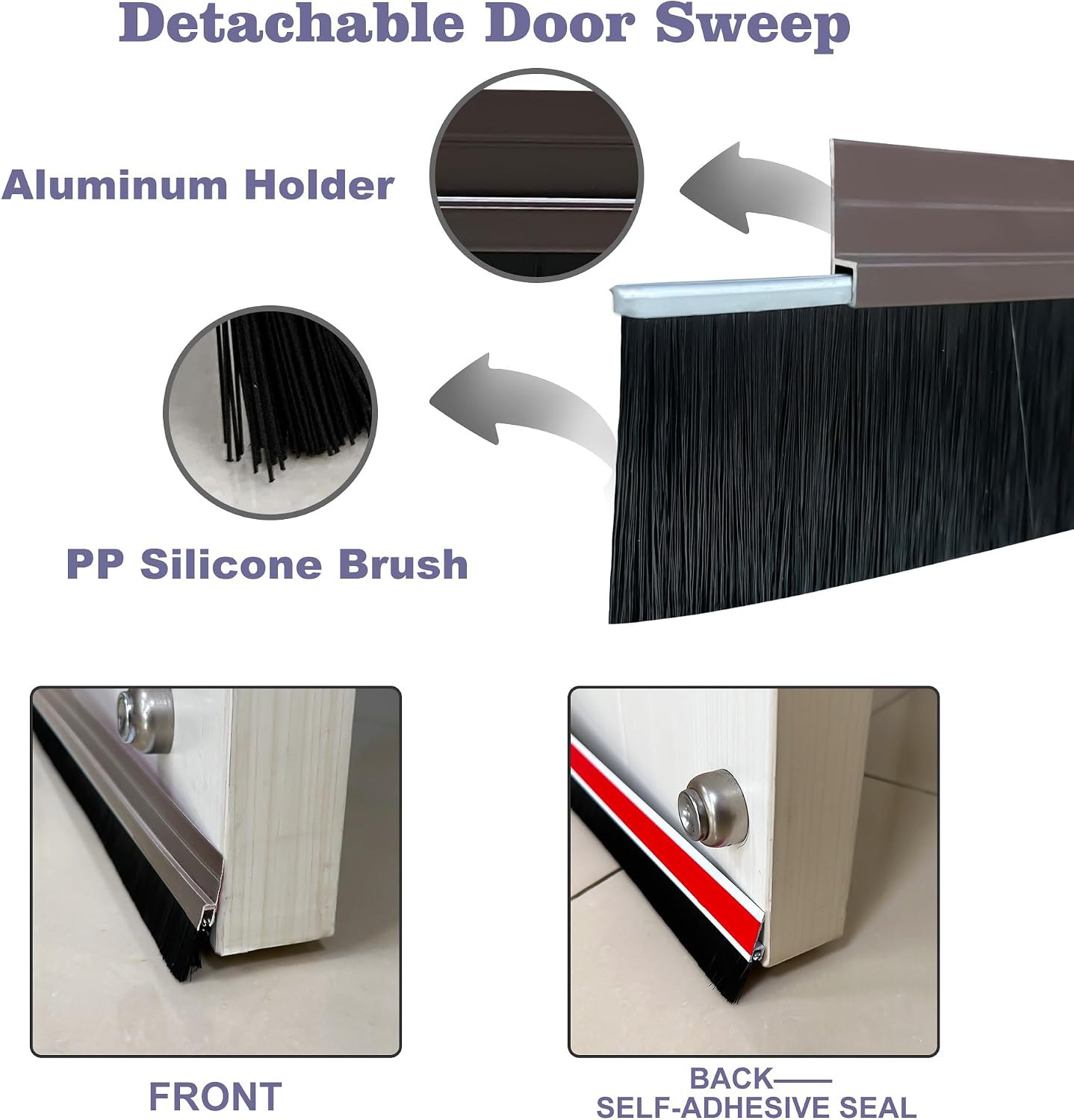 39 inch Door Sweep for Exterior Doors with 2 inch PP Soft Brush, Aluminum Dustproof Bottom of Door Weatherstrip (3)