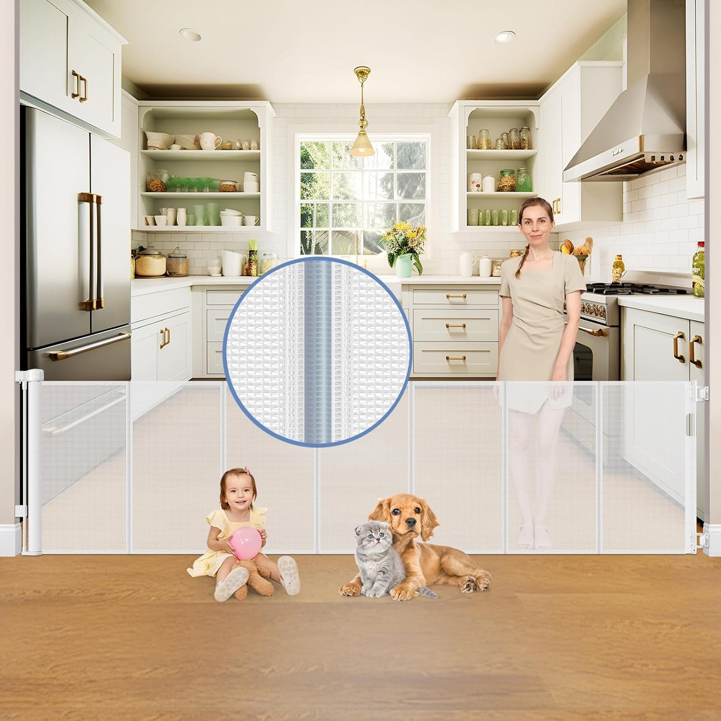 Reinforced Retractable Baby Gates with Support Beam 60" Wide Retractable Dog Gate Indoor Prevent Children and Dogs from Crawling Under Outdoor Dog Gate for Deck Mesh Gates for Kids or Pets, Black