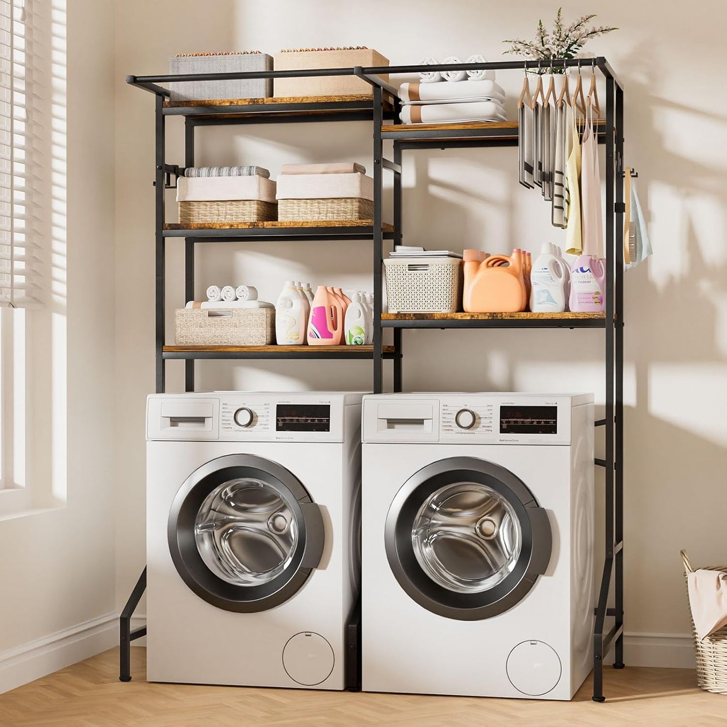 Homde Over The Washer and Dryer Storage Shelf, 5-Tier Heavy Duty Laundry Room Organizer Standing Shelf with Hanger Rod & Anti-Tip, Space Saving Rust Proof Shelving for Bathroom, Balcony