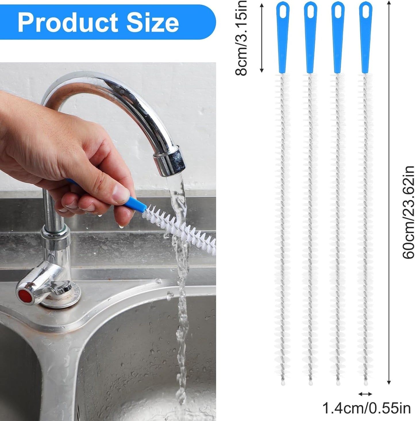 Yuanchu 4 Pack Flexible Drain Cleaning Brush, 23.6inch Long Drain Clog Remover Tool with Nylon Bristles Rust-Resistant Sink Unblocker Tool for Toilet Kitchen Shower Sewer Tub