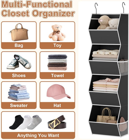 Hanging Closet Organizer 4 Shelf Collapsible Bedroom Closet Organizers and Storage Hanging with Mesh Pockets for Clothes, Fabric Hanging Storage Bins for Wardrobe Closet Organization and Storage, Grey