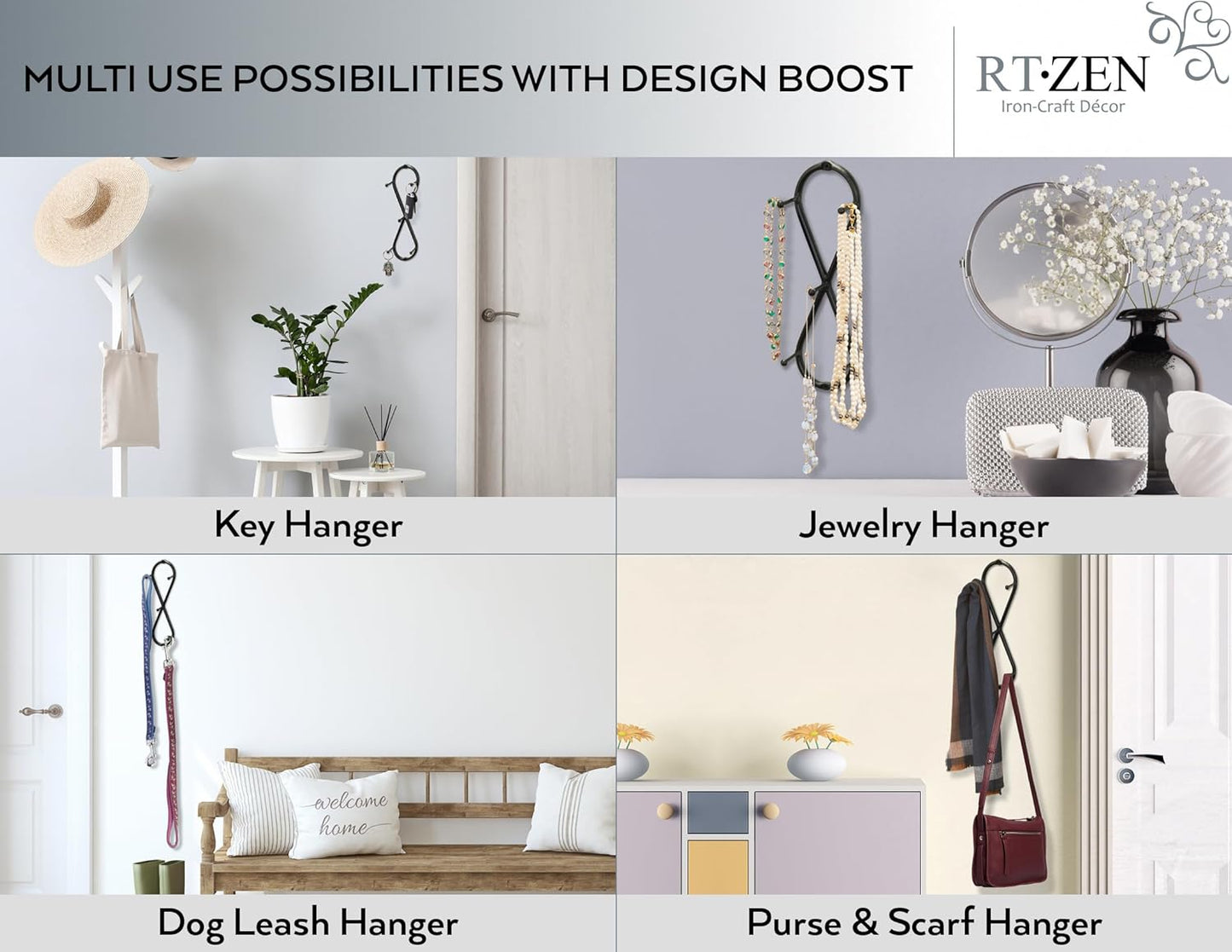 RTZEN Farmhouse Small Key Holder for Wall - Handcrafted Swirl Decorative 5 Key Hooks for Home Entryway - Wrought Iron Wall Mount Rack Purse Coat and Leash Holder or Organizer (Classic Black)