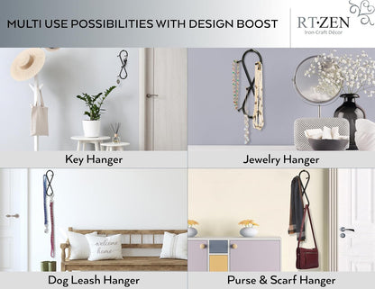 RTZEN Farmhouse Small Key Holder for Wall - Handcrafted Swirl Decorative 5 Key Hooks for Home Entryway - Wrought Iron Wall Mount Rack Purse Coat and Leash Holder or Organizer (Classic Black)