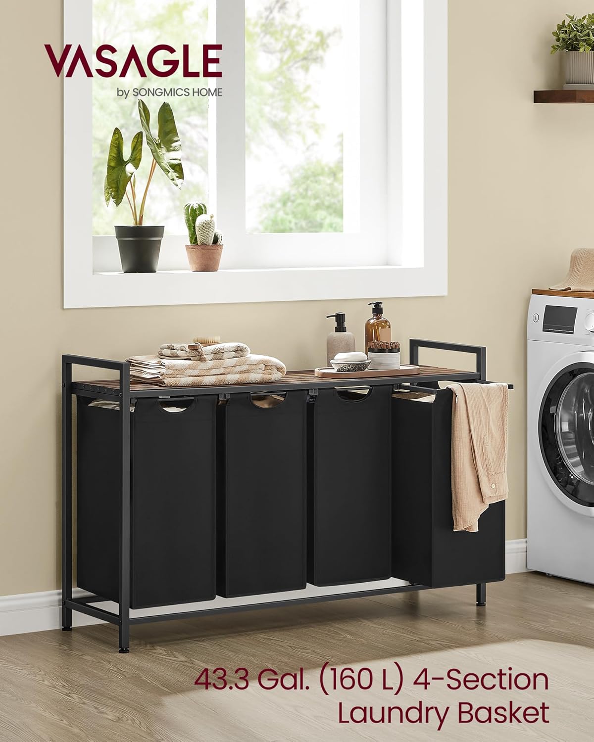 VASAGLE Laundry Hamper, Laundry Basket Sorter with 3 Pull-Out and Removable Bags, Shelf, Metal Frame, 3 x 10.6 Gallons (40 L), 36.4 x 13 x 28.4 Inches, Cappuccino Beige and Natural Beige UBLH301LH01