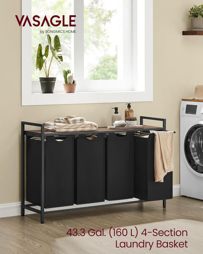 VASAGLE Laundry Hamper, Laundry Basket Sorter with 3 Pull-Out and Removable Bags, Shelf, Metal Frame, 3 x 10.6 Gallons (40 L), 36.4 x 13 x 28.4 Inches, Cappuccino Beige and Natural Beige UBLH301LH01