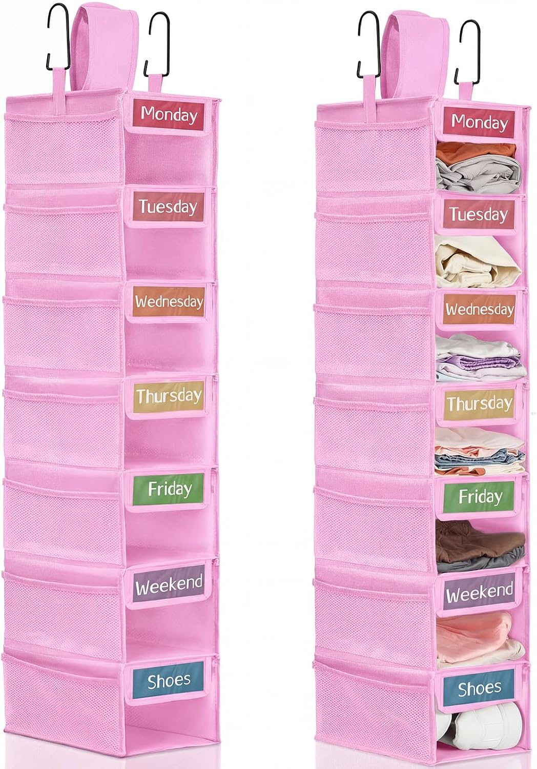 2 Pack 7 Shelf Weekly Clothes Organizer Hanging Closet for Kids with Side Pockets Weekday Shoes Rack Weekly Clothes Organizers Monday Through Weekend Foldable Storage Shelves(Black)