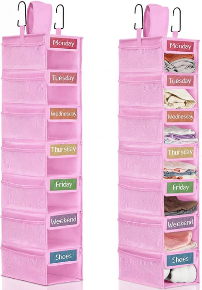 2 Pack 7 Shelf Weekly Clothes Organizer Hanging Closet for Kids with Side Pockets Weekday Shoes Rack Weekly Clothes Organizers Monday Through Weekend Foldable Storage Shelves(Black)