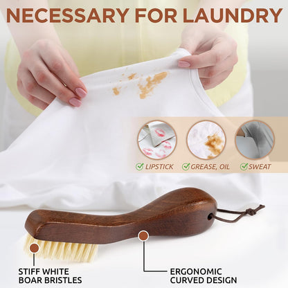 TAKAVU Laundry Stain Brush, Natural Black Boar Bristle, Safe on Delicates | Clothes Cleaning Scrubber, Stain Remover for Shirts, Collars, Cuffs & Shoes, Curved Beech Wood Handle with Hanging Loop
