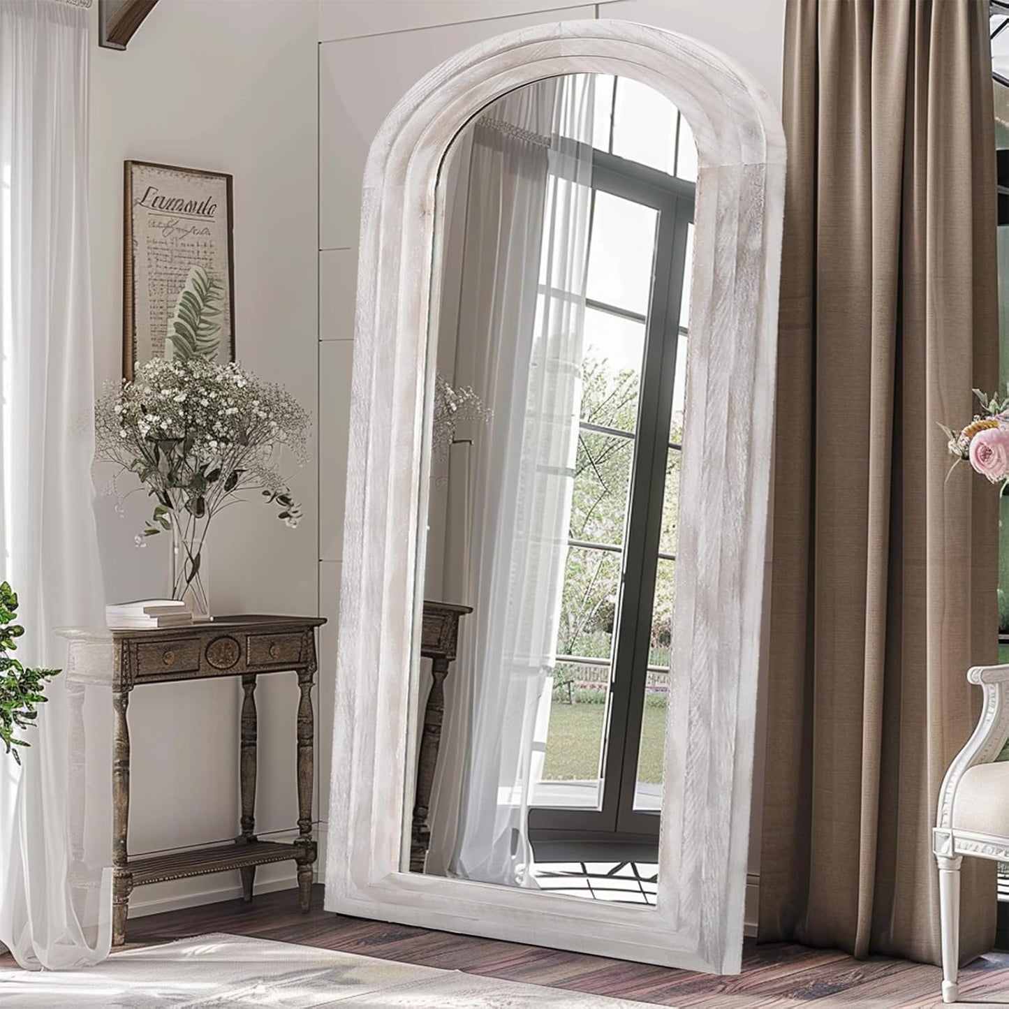 ZHUNFA Arched Full Length Mirror with Solid Wood Frame | 65x22 Farmhouse Wall Mirror Full Length with Stand, Vertical Hanging, Leaning Standing for Bedroom,Living Room, Rustic White