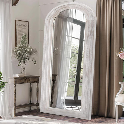 ZHUNFA Arched Full Length Mirror with Solid Wood Frame | 65x22 Farmhouse Wall Mirror Full Length with Stand, Vertical Hanging, Leaning Standing for Bedroom,Living Room, Rustic White