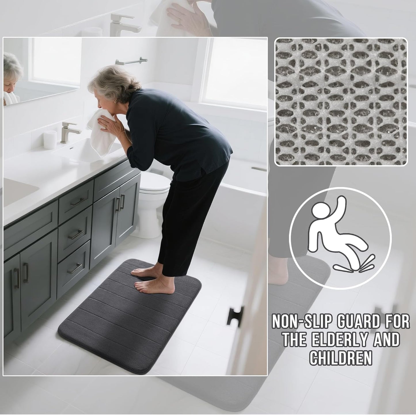 Yimobra Memory Foam Bath Mat, Super Soft Absorbent Bathroom Rug Non Slip, Quick Dry, Machine Washable Floor Carpet for Tub Shower, Home Decor Accessories, 24x17, Grey