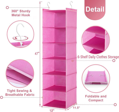 MAX Houser 6 Tier Shelf Hanging Closet Organizer, Closet Hanging Shelf with 2 Sturdy Hooks for Storage, Foldable (Grey)