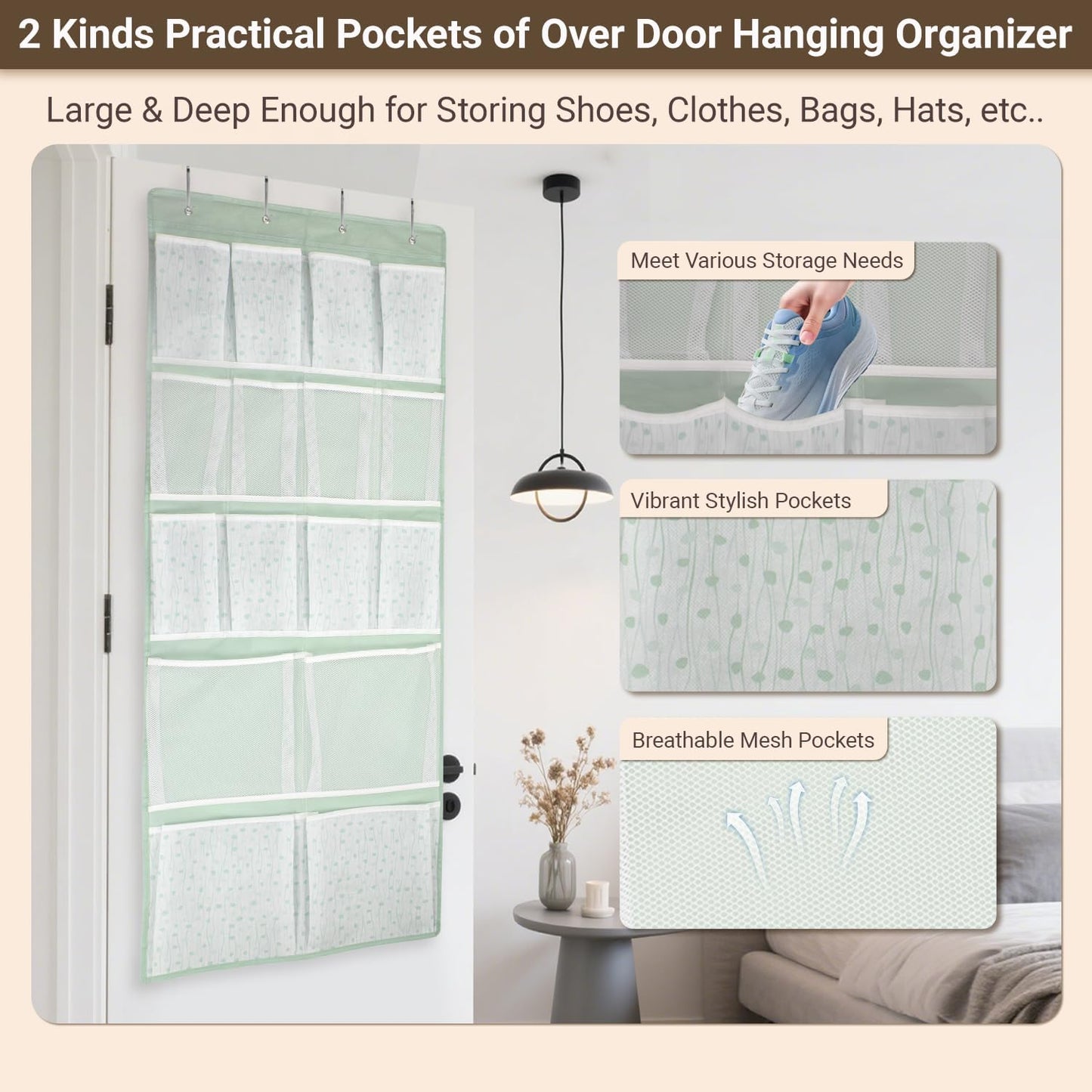 2 Pack- 12 Pocket Over Door Hanging Storage Organizer with 4 Kinds Pouch,Back of Closet Hanging Shelf Storage Organization for Sock,Hat,Underwear,Behind Door Caddy in Bedroom,Bathroom,Entrance,Dorm,RV