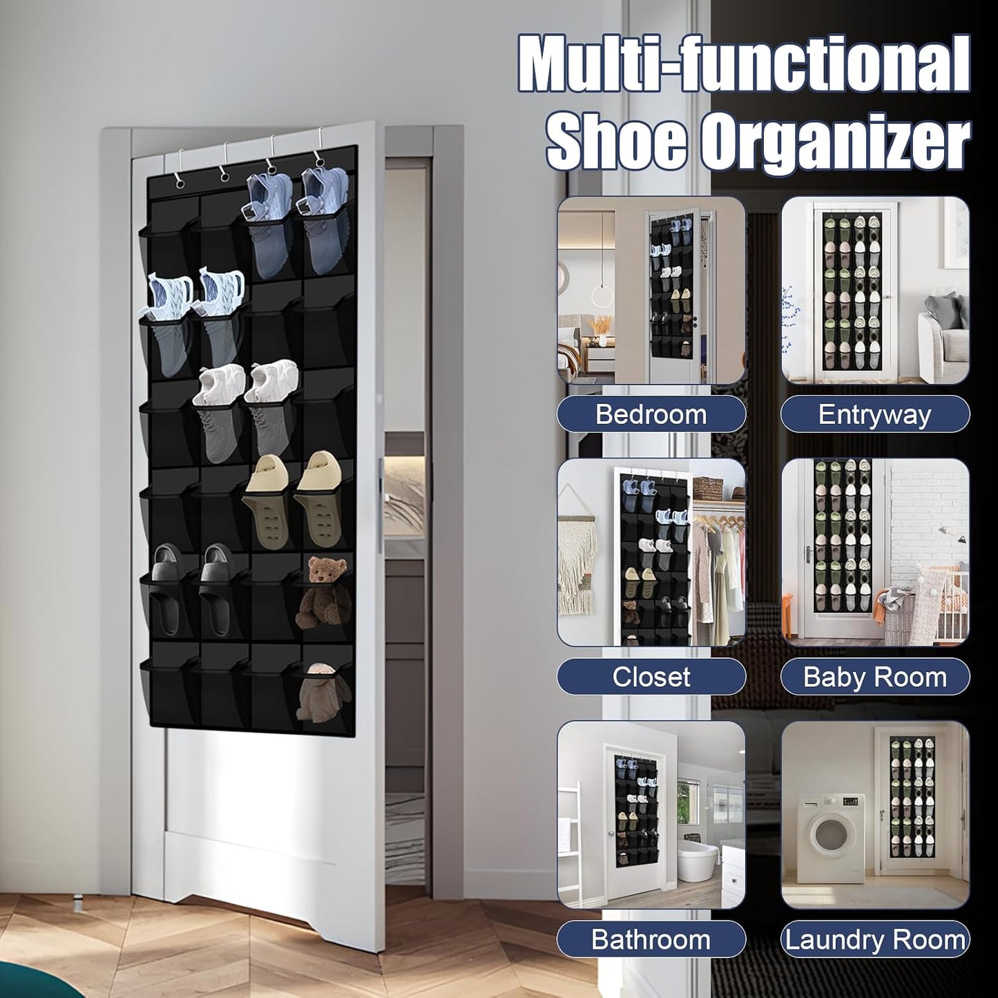 Over the Door Shoe Organizer - 24 Large Breathable Mesh Pockets, Space Saving Hanging Shoe Organizer with Metal Hooks, Hanging Shoe Rack for Men's and Women's Shoes (White)