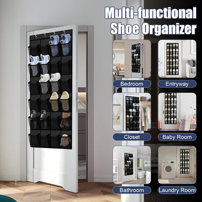 Over the Door Shoe Organizer - 24 Large Breathable Mesh Pockets, Space Saving Hanging Shoe Organizer with Metal Hooks, Hanging Shoe Rack for Men's and Women's Shoes (White)