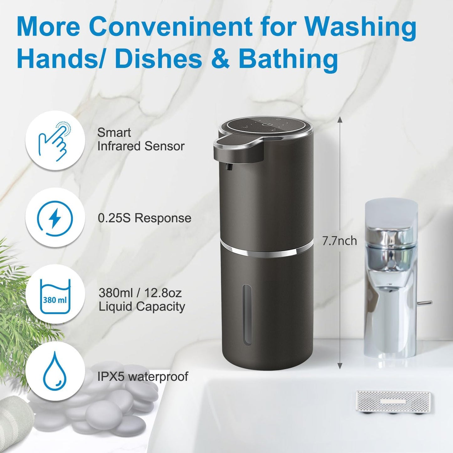 Automatic Foaming Soap Dispenser,4-Level Adjustable Foam, Wall Mount,USB Rechargeable,12.8oz/ 380ml,Touchless Hand & Dish Soap Dispenser for Bathroom, Kitchen,Hotel, Restaurant