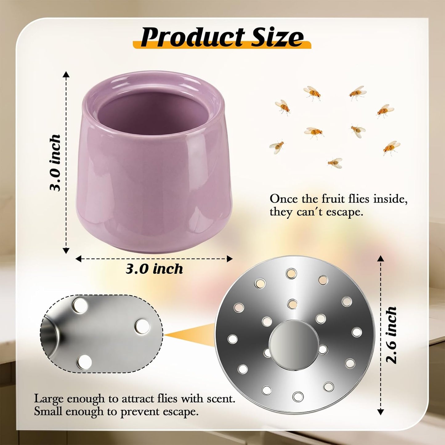 Ceramic Fruit Fly Trap for Indoors, Reusable Kitchen Fly Catcher with Stainless Steel Vent Lid, Uses Safe & Natural Vinegar Bait Trap, Dishwasher Safe, Easy to Use (White,1 Pack)