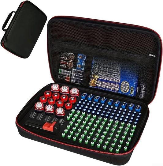 EVA for battery Organizer Case Holds 200+ Cells with Tester - Storage for AA AAA 9V C D Coin - Black Travel Box 35x25cm