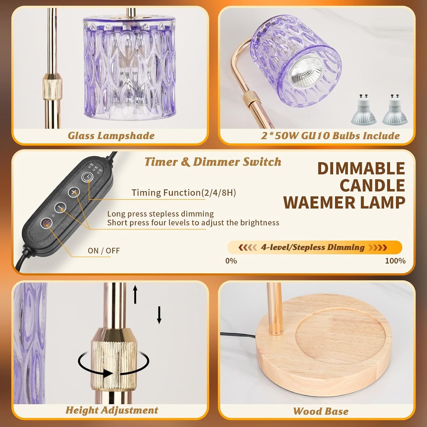 Candle Warmer Lamp with Timer and Dimmable, Electric Wax Melt Candle Warmers Height Adjustable with 2 Bulbs, Birthday Gifts for Women House Warming, Home Decor for Scented Jar Candles(Clear)