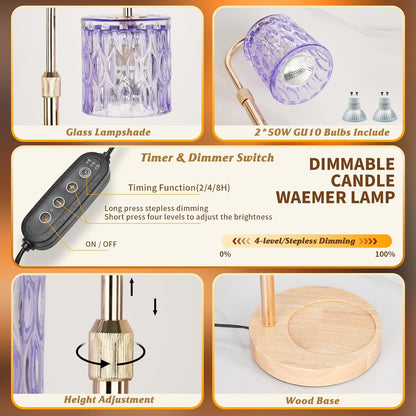 Candle Warmer Lamp with Timer and Dimmable, Electric Wax Melt Candle Warmers Height Adjustable with 2 Bulbs, Birthday Gifts for Women House Warming, Home Decor for Scented Jar Candles(Clear)