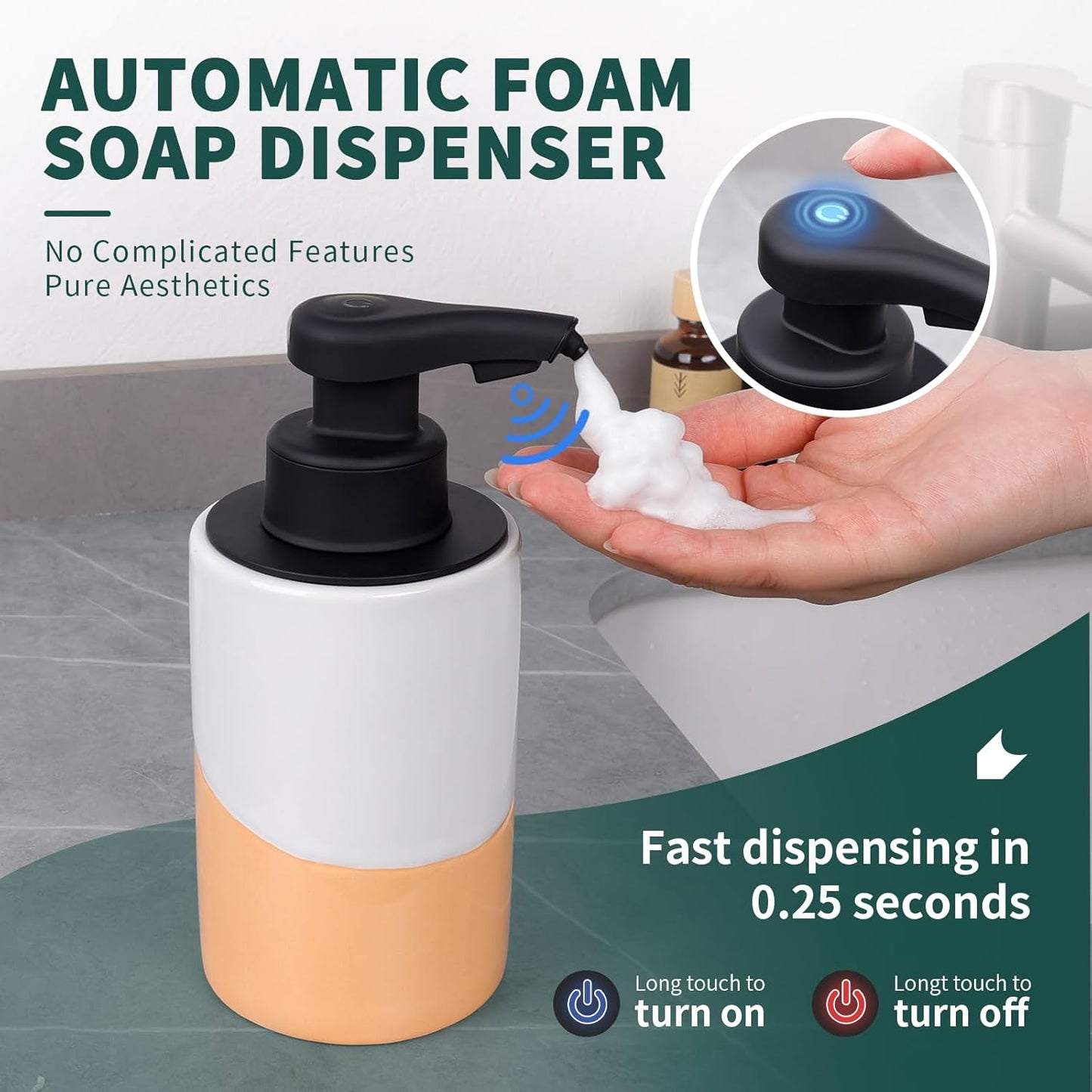 BosilunLife Automatic Soap Dispenser Ceramic Hand Free Soap Dispenser with Waterproof Pump Rechargeable Smart Electric Lotion Soap Dispenser Touchless (White-Green, Foam Pump)
